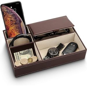 Mens Valet Tray Organizer Leather Nightstand Dresser Top Box with 5 Compartment